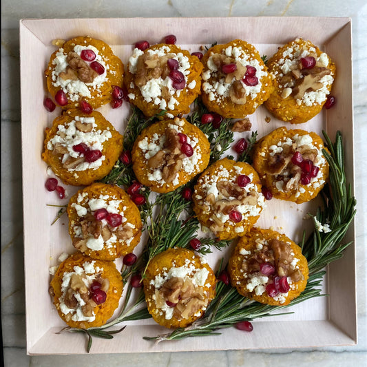 Sweet Potato Cakes with Goat Cheese, Walnuts, & Pomegranate