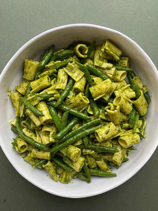 Rigatoni with Nut-Free Kale Pesto and Green Beans