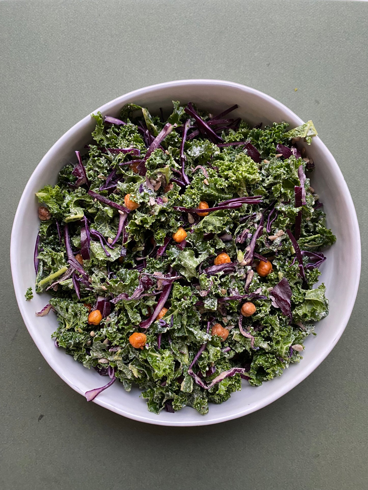 Kale Tahini Salad with Crispy Chickpeas and Sunflower Seeds